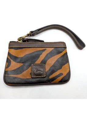 Dooney & Bourke Leather Tiger Stripe Wristlet Clutch With Brown Trim & Red Inter